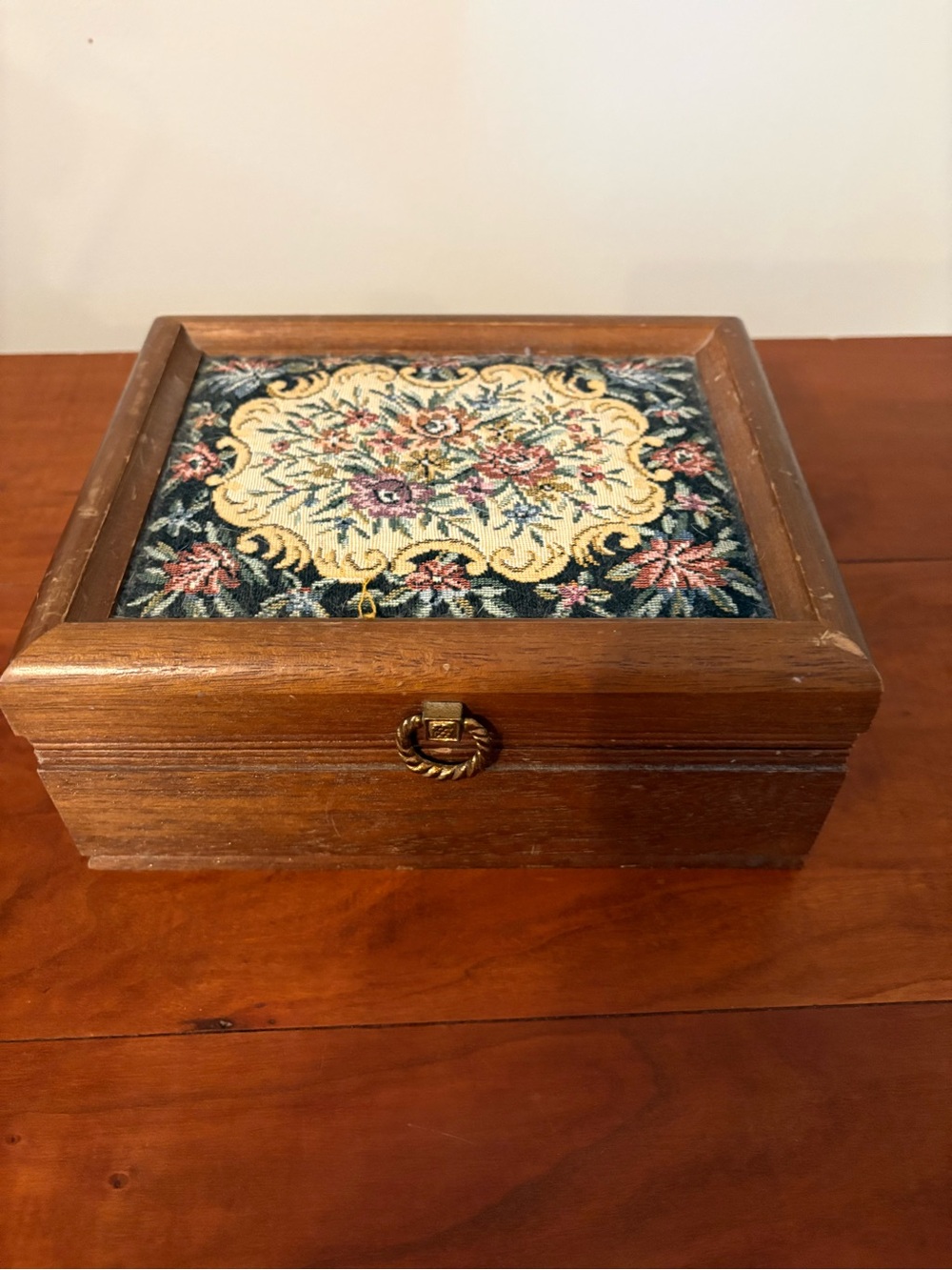 Wood Jewelry Box Tapestry Lid Red Velvet vintage grandmacore